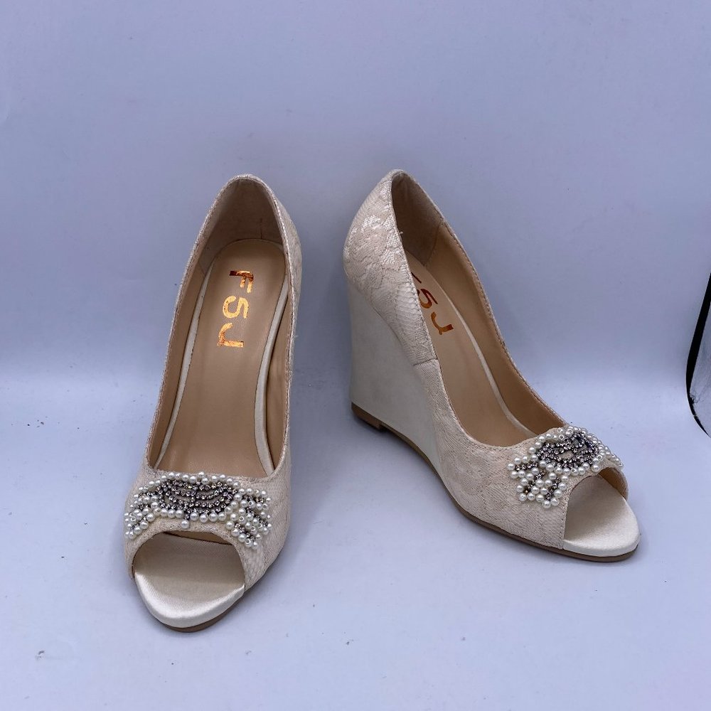 FSJ White Lace Peep Toe Wedge Shoes Heels